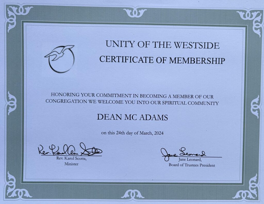 unity of the westside membership certificate of dean mcadams